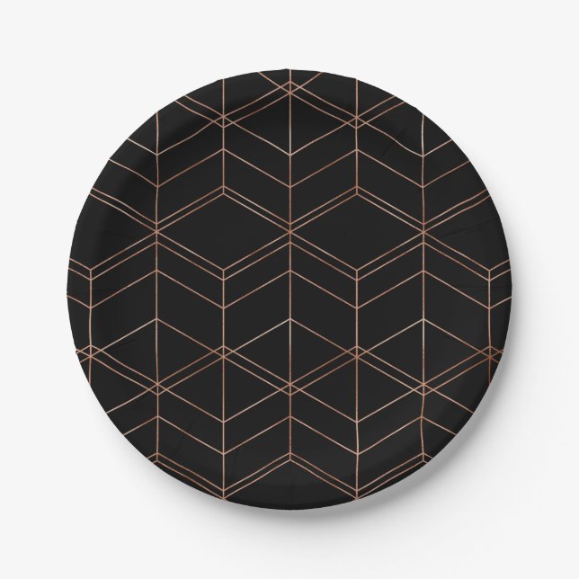 Plato De Papel Patrón geométrico negro y cobre de letra chic (Anverso)