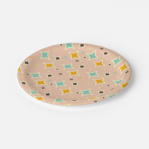 Plato De Papel Patrón geométrico retro con azul verdoso, naranja,