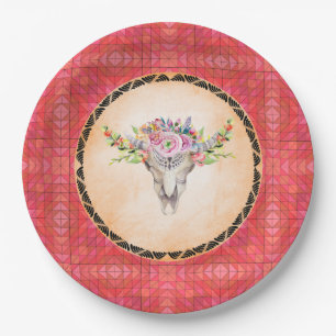 Plato De Papel Patrón Geométrico Rojo Con Calavera De Vaca Floral