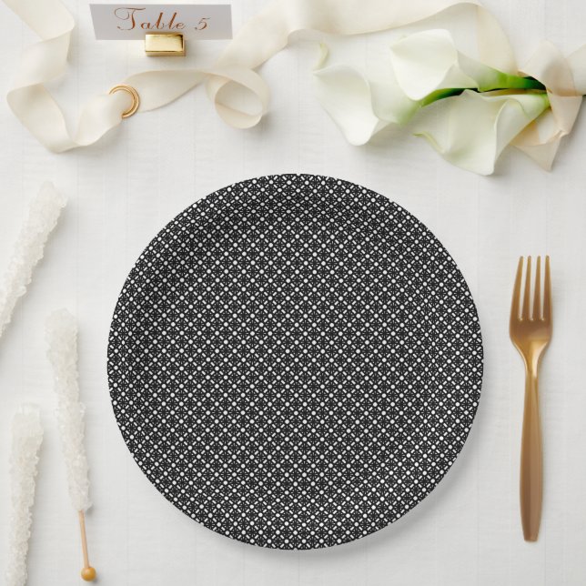 Plato De Papel Patrón geométrico simple blanco negro (Boda)