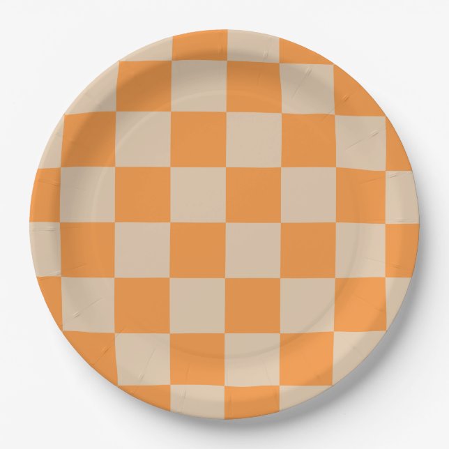 Plato De Papel Patrón Gingham de naranja controlado (Anverso)