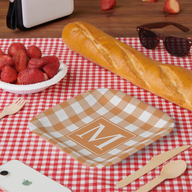 Plato De Papel Patrón Gingham Naranja de Calabaza personalizado (Picnic)