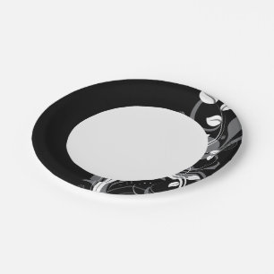 Plato De Papel Patrón gris floral en negro