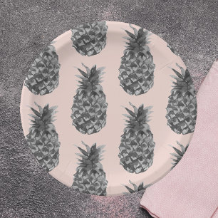 Plato De Papel Patrón Gris Tropical y Piña Rosa Sin Marea