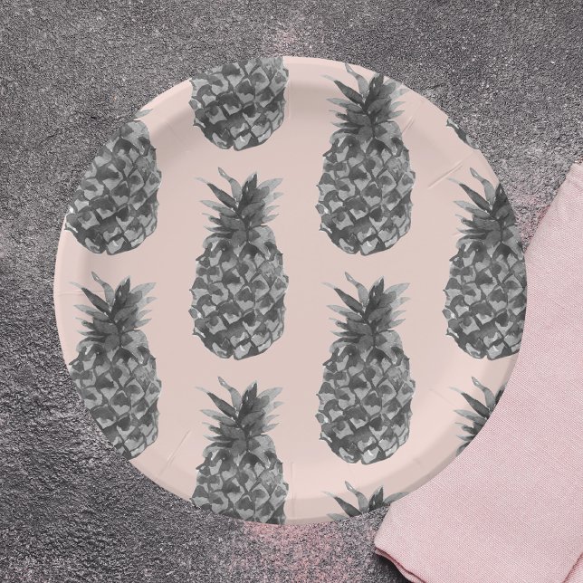 Plato De Papel Patrón Gris Tropical y Piña Rosa Sin Marea (Subido por el creador)