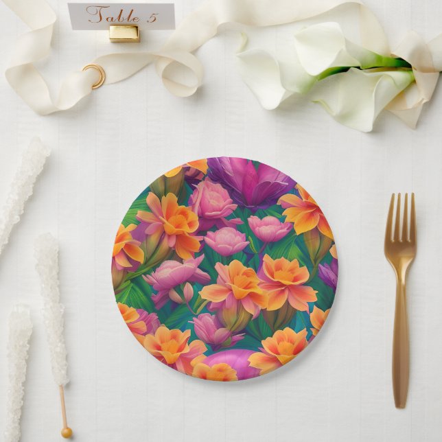 Plato De Papel Patrón hawaiano de flores tropicales (Boda)