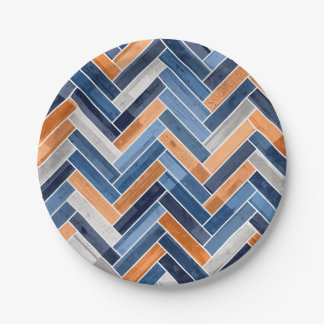 Plato De Papel Patrón Herringbone en azul y Naranja de la marina