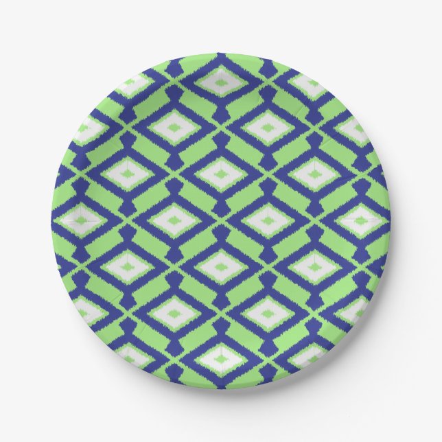 Plato De Papel Patrón Ikat - Verde, Azul índigo y Blanco (Anverso)