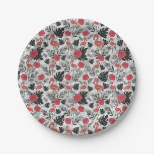 Plato De Papel Patrón ininterrumpido de flamencos con fondo flora