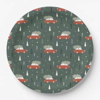 Plato De Papel Patrón invernal de árbol de Navidad con coche rojo
