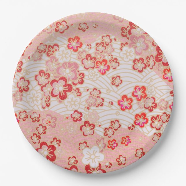 Plato De Papel Patrón japonés de flores de cerezo (Anverso)
