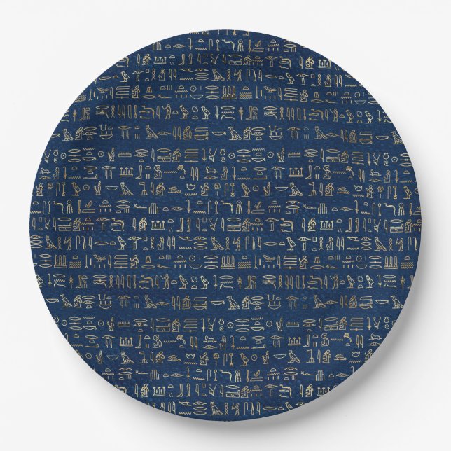 Plato De Papel Patrón jeroglífico egipcio dorado y azul (Anverso)