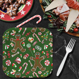 Plato De Papel Patrón juguetón de pan de jengibre festivo y dulce