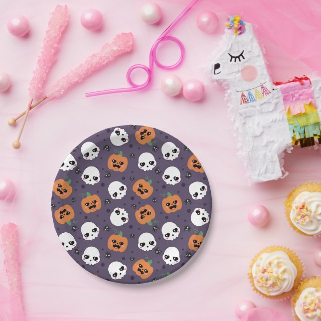Plato De Papel Patrón Kawaii de Halloween (Fiesta)