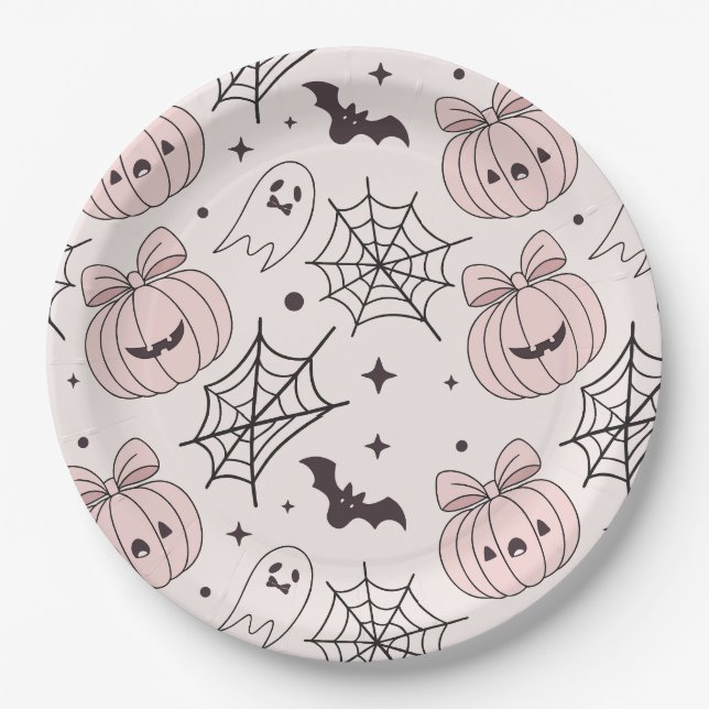 Plato De Papel Patrón Kawaii Dulce Rosa de Halloween Espeluznante (Anverso)