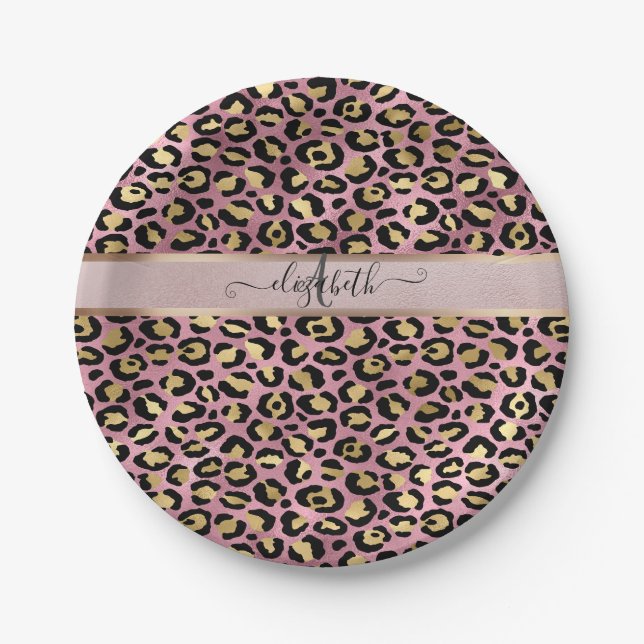 Plato De Papel Patrón Leopardo Monograma Rosa Oro Negro (Anverso)