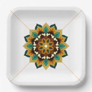 Plato De Papel Patrón Mandala 02 en amarillo y marrón