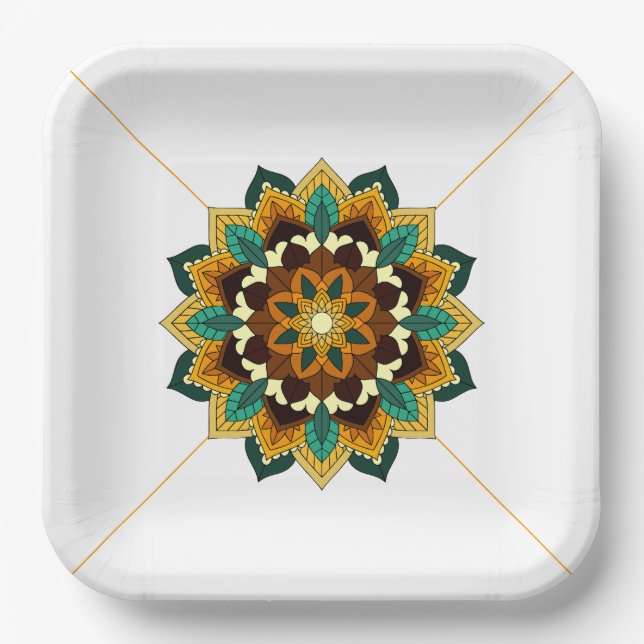 Plato De Papel Patrón Mandala 02 en amarillo y marrón (Anverso)