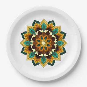 Plato De Papel Patrón Mandala 02 en placa de papel amarillo y azu