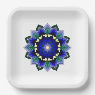 Plato De Papel Patrón Mandala 02 en placa de papel azul oscuro