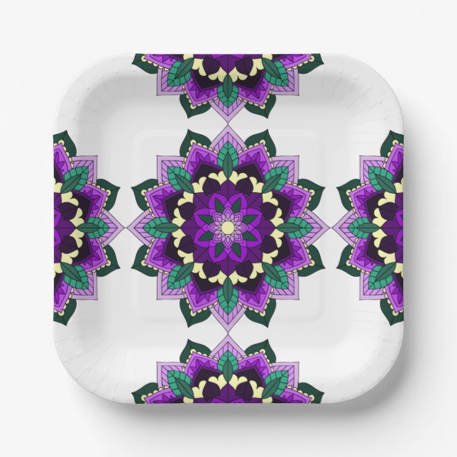Plato De Papel Patrón Mandala 02 en placa de papel morado (Anverso)