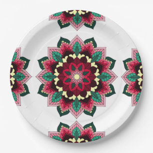 Plato De Papel Patrón Mandala 02 en placa de papel rosa profundo