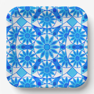 Plato De Papel Patrón Mandala, azul cobalto, turquesa y blanco