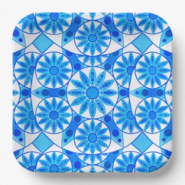 Plato De Papel Patrón Mandala, azul cobalto, turquesa y blanco (Anverso)