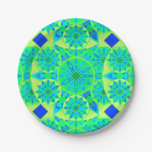 Plato De Papel Patrón Mandala, turquesa, azul, verde limón