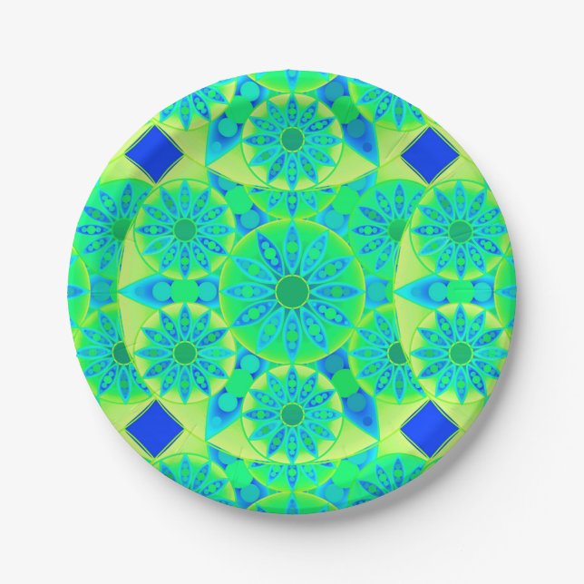 Plato De Papel Patrón Mandala, turquesa, azul, verde limón (Anverso)