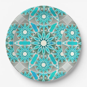 Plato De Papel Patrón Mandala, turquesa, gris plateado y blanco