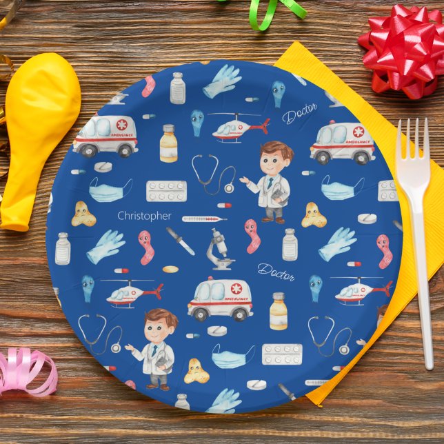 Plato De Papel Patrón médico de niño pequeño con nombre, azul (Subido por el creador)