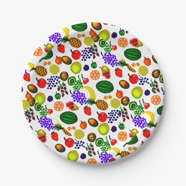 Plato De Papel Patrón Medley de frutas dibujado a mano (Anverso)
