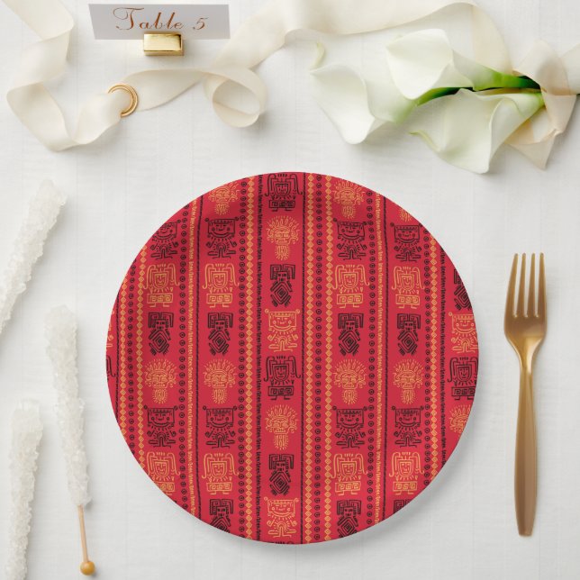 Plato De Papel Patrón Nativo Rojo Tribu étnica Boho Cultura (Boda)