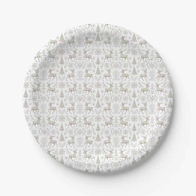 Plato De Papel Patrón navideño moderno rústico, plata/blanco (Anverso)