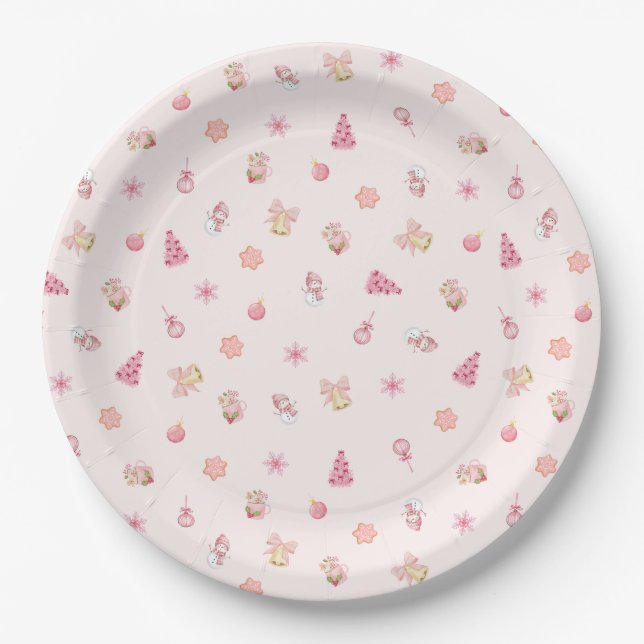 Plato De Papel Patrón Navideño Rosa Acogedor (Anverso)