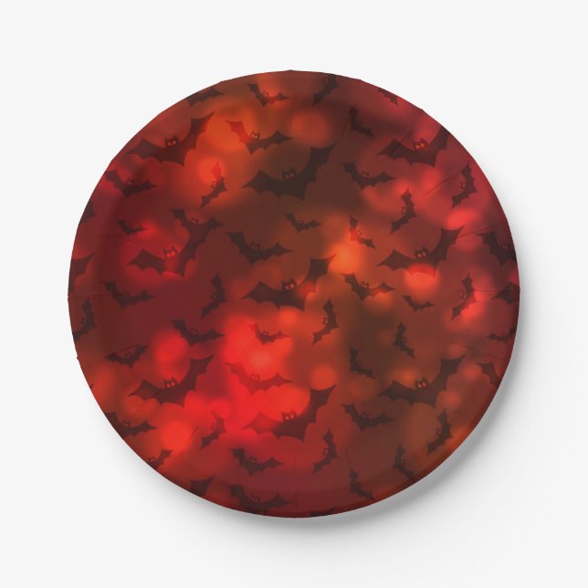 Plato De Papel Patrón negro rojo de murciélago y luna (Anverso)