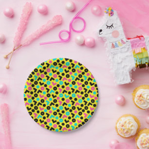 Plato De Papel Patrón negro y neón amarillo y azul de 80/90