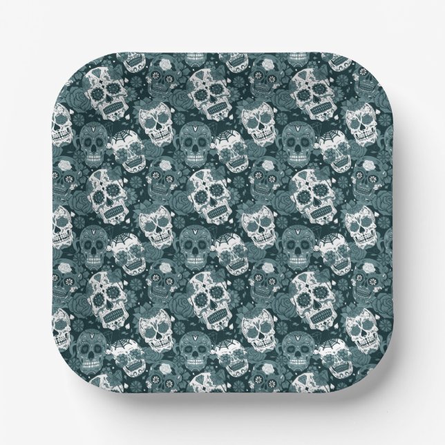 Plato De Papel patrón ornamental floral de cráneo de azúcar azul  (Anverso)