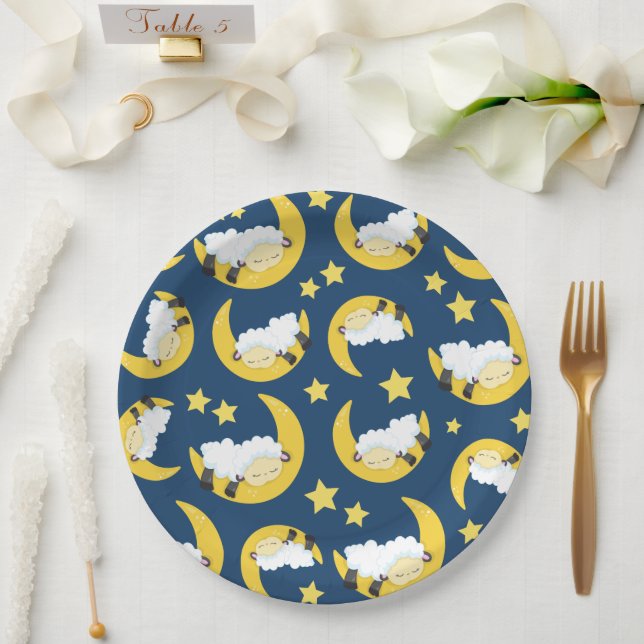 Plato De Papel Patrón ovino, oveja durmiente, luna, estrellas (Boda)