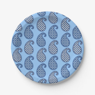 Plato De Papel Patrón paisley, azul cielo, marina y blanco