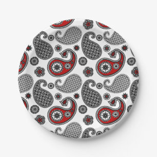 Plato De Papel Patrón paisley, negro, blanco y rojo