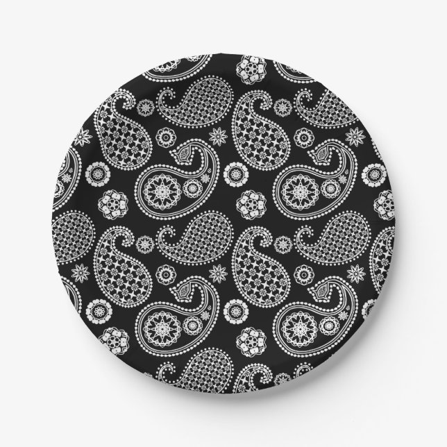 Plato De Papel Patrón paisley, negro y blanco (Anverso)