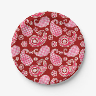 Plato De Papel Patrón paisley, rojo oscuro, rosa y blanco