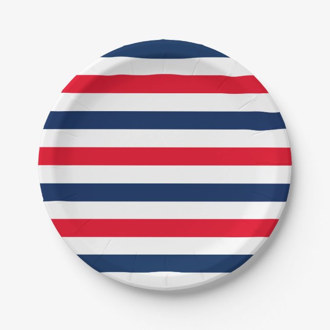 Plato De Papel Patrón patriótico de rayas azules rojas (Anverso)