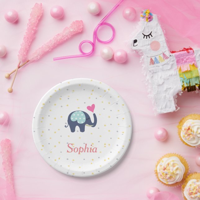 Plato De Papel Patrón personalizado de elefante y estrellas linda (Fiesta)