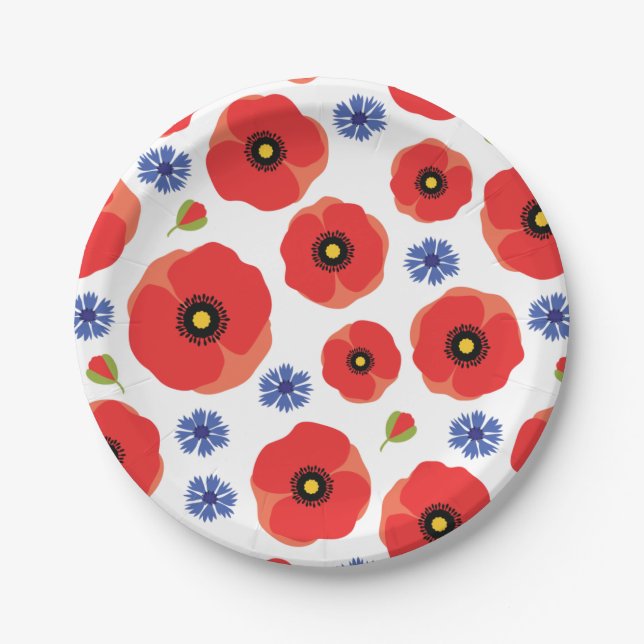 Plato De Papel Patrón Poppys Y Cornflowers (Anverso)
