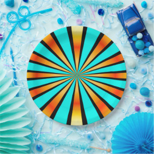 Plato De Papel Patrón radial negro Naranja turquesa