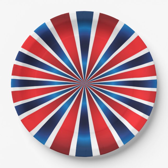 Plato De Papel Patrón radial rojo blanco azul (Anverso)