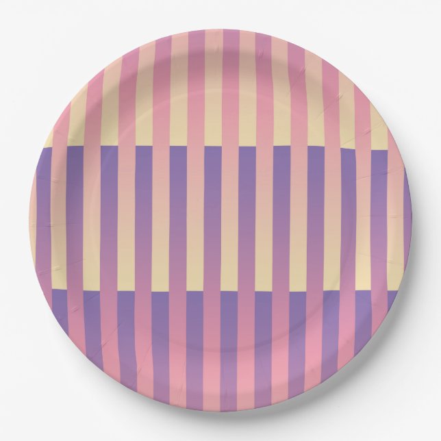Plato De Papel Patrón rayado amarillo morado rosado (Anverso)